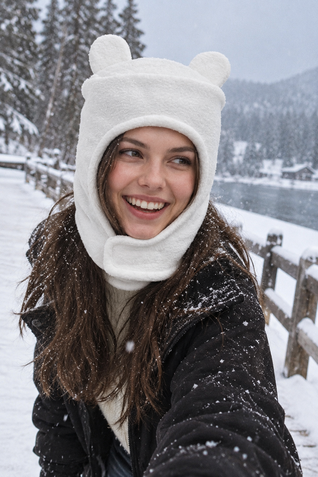 bear ears knit balaclava hood worn on a model's head, front view