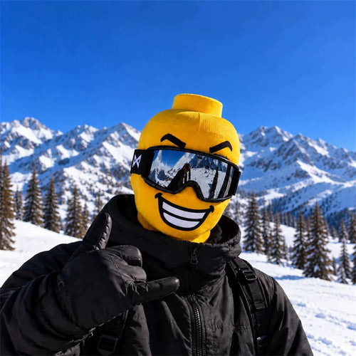 Blockhead ski mask, Big Grin face, worn with ski goggles