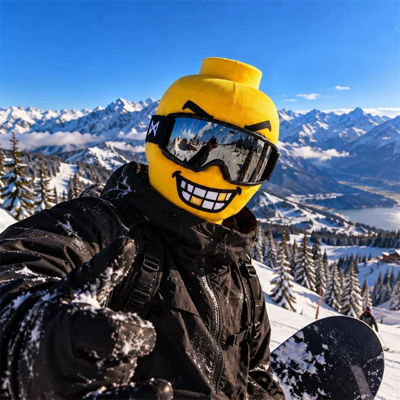 Blockhead ski mask, Chomp face with big teeth, snowboarder selfie