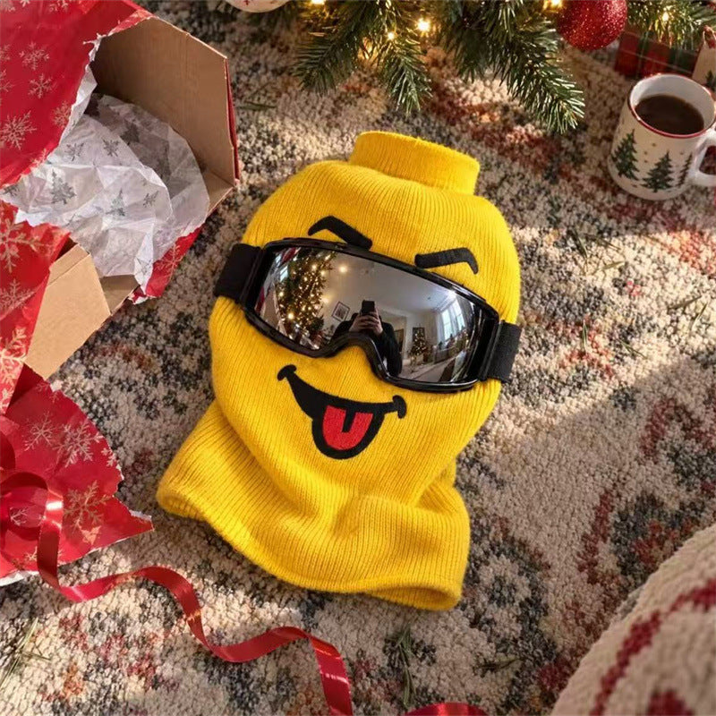 Yellow knit Blockhead ski mask with goggles laid flat