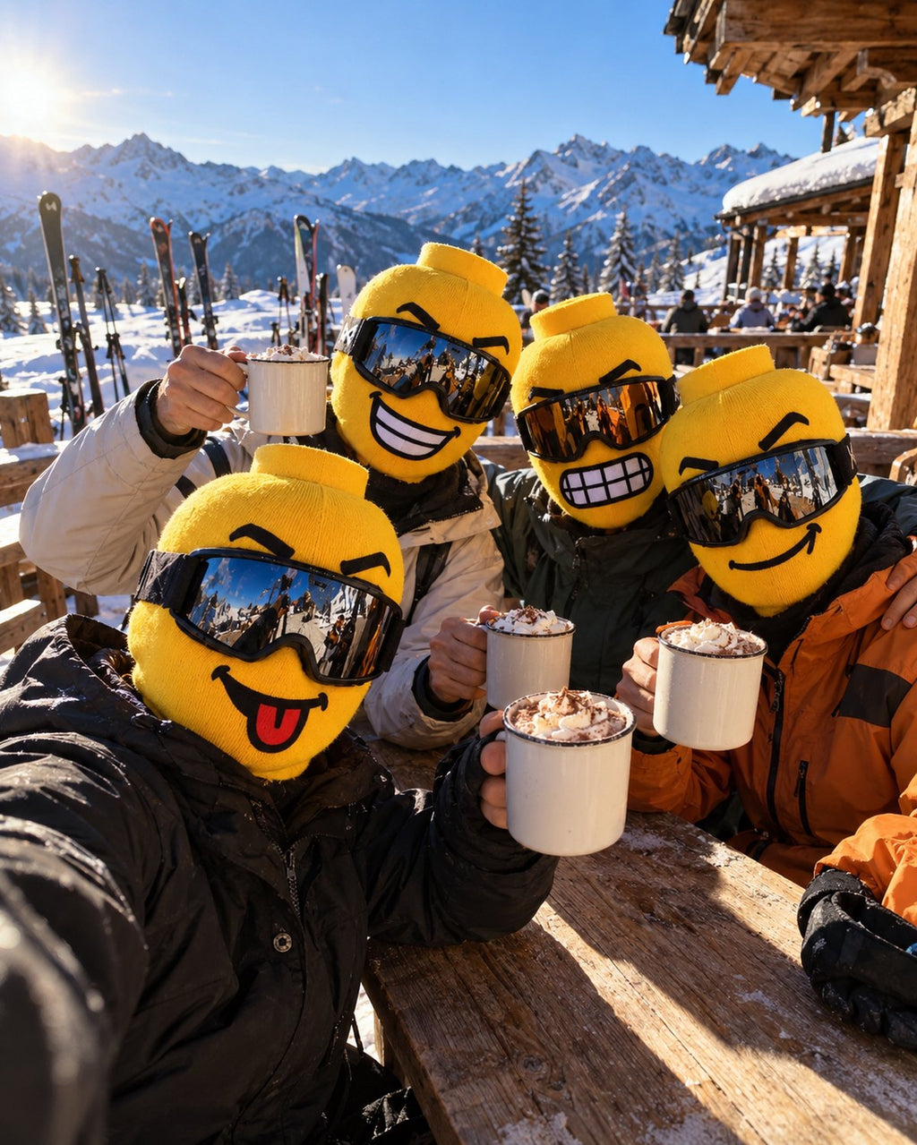 Four friends at apres-ski with hot chocolate, each in a different Blockhead face