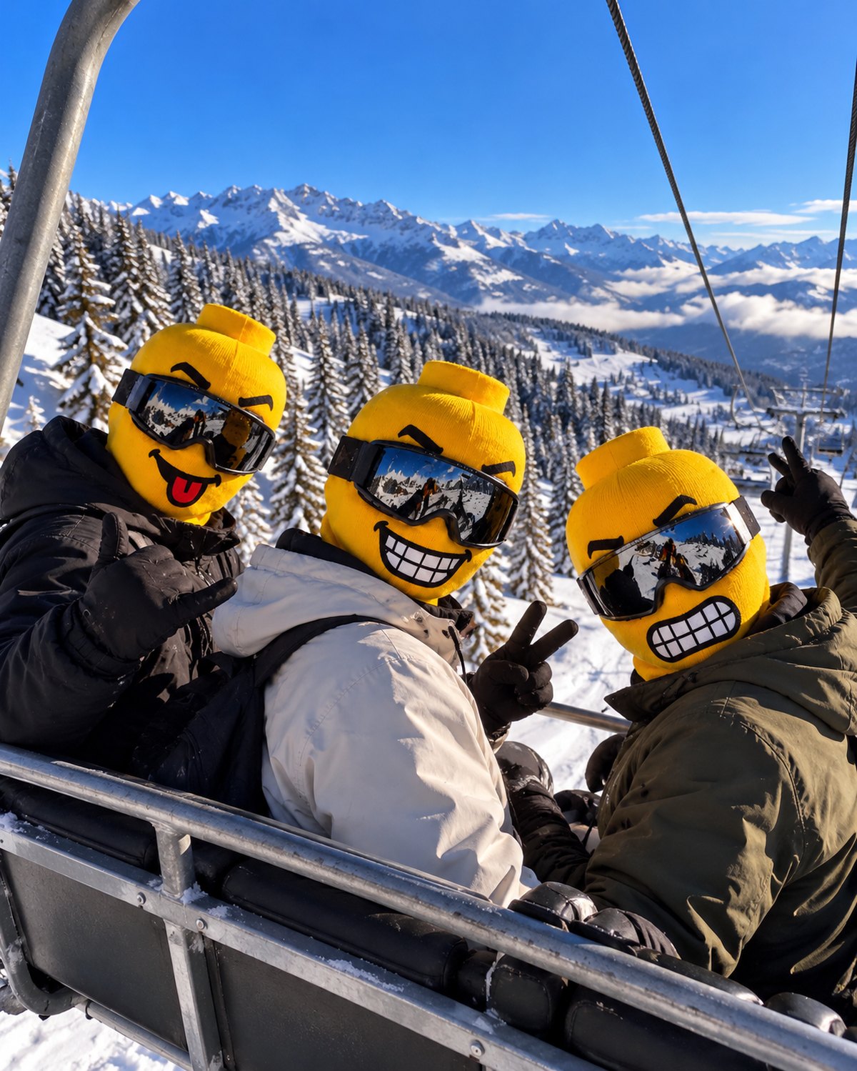 Three friends on a chairlift wearing Blockhead ski masks with different faces
