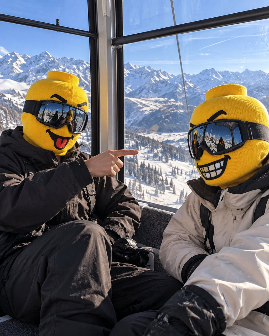 Two friends in a gondola wearing Blockhead Tongue Out and Chomp faces