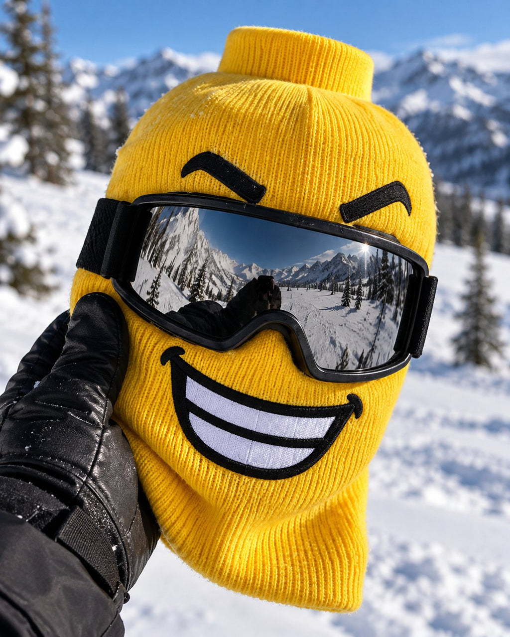 Close-up of the Blockhead ribbed knit and stitched Big Grin face
