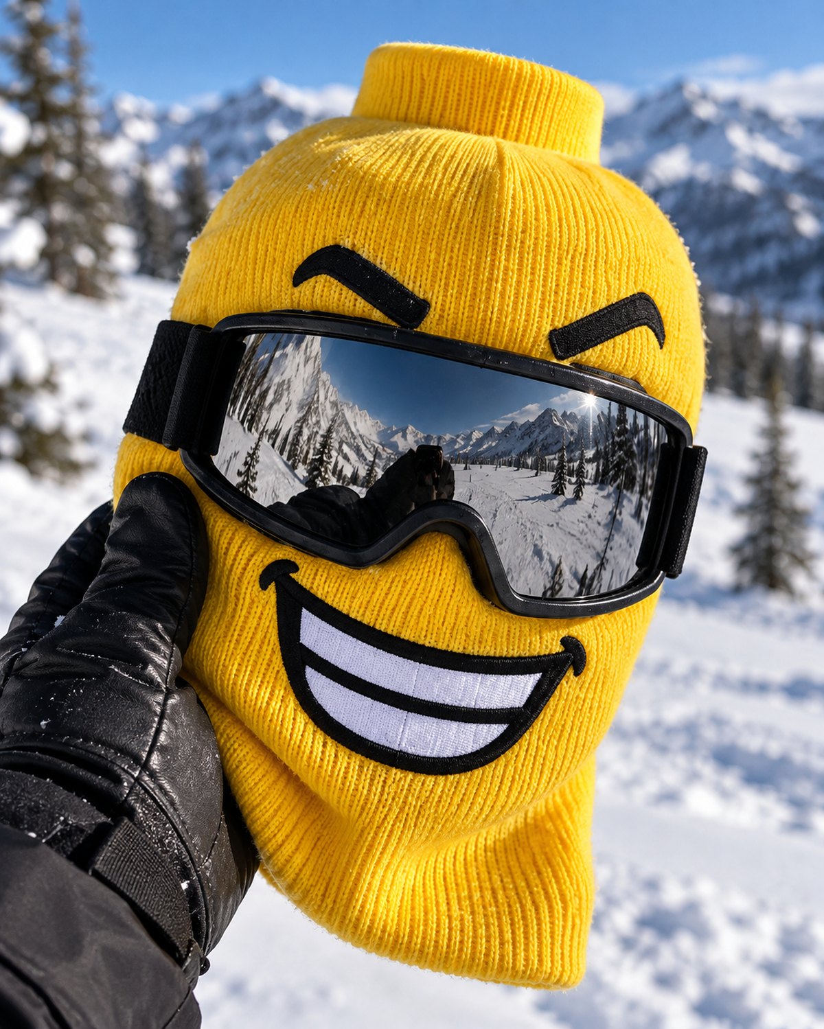 Close-up of the Blockhead ribbed knit and stitched Big Grin face