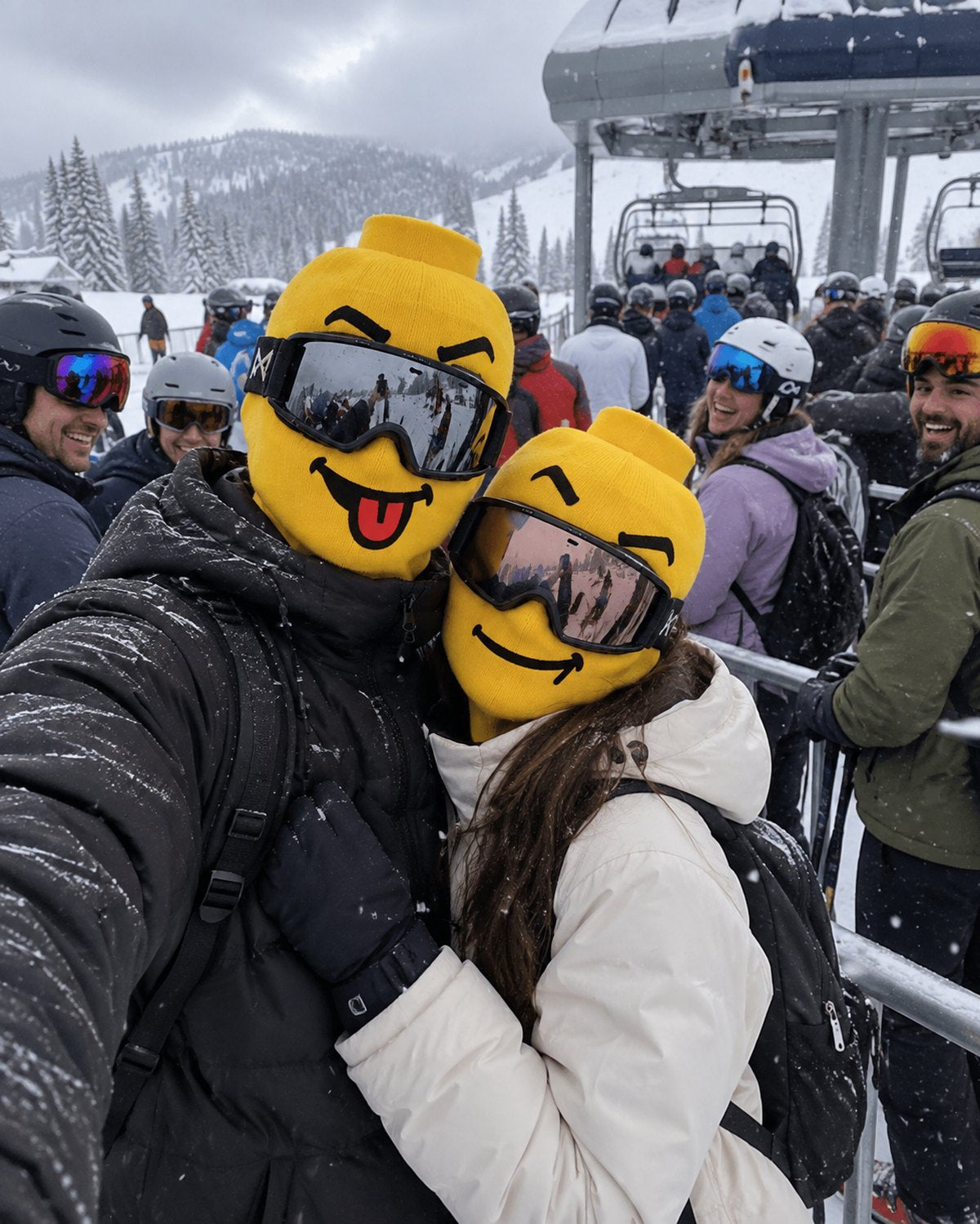 Couple in a ski lift line wearing Blockhead masks while people around them laugh