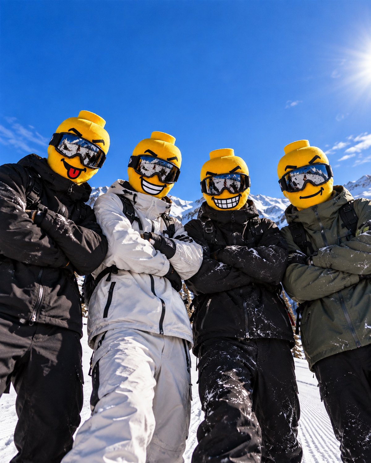 Four friends on a ski slope in all four Blockhead faces, arms crossed
