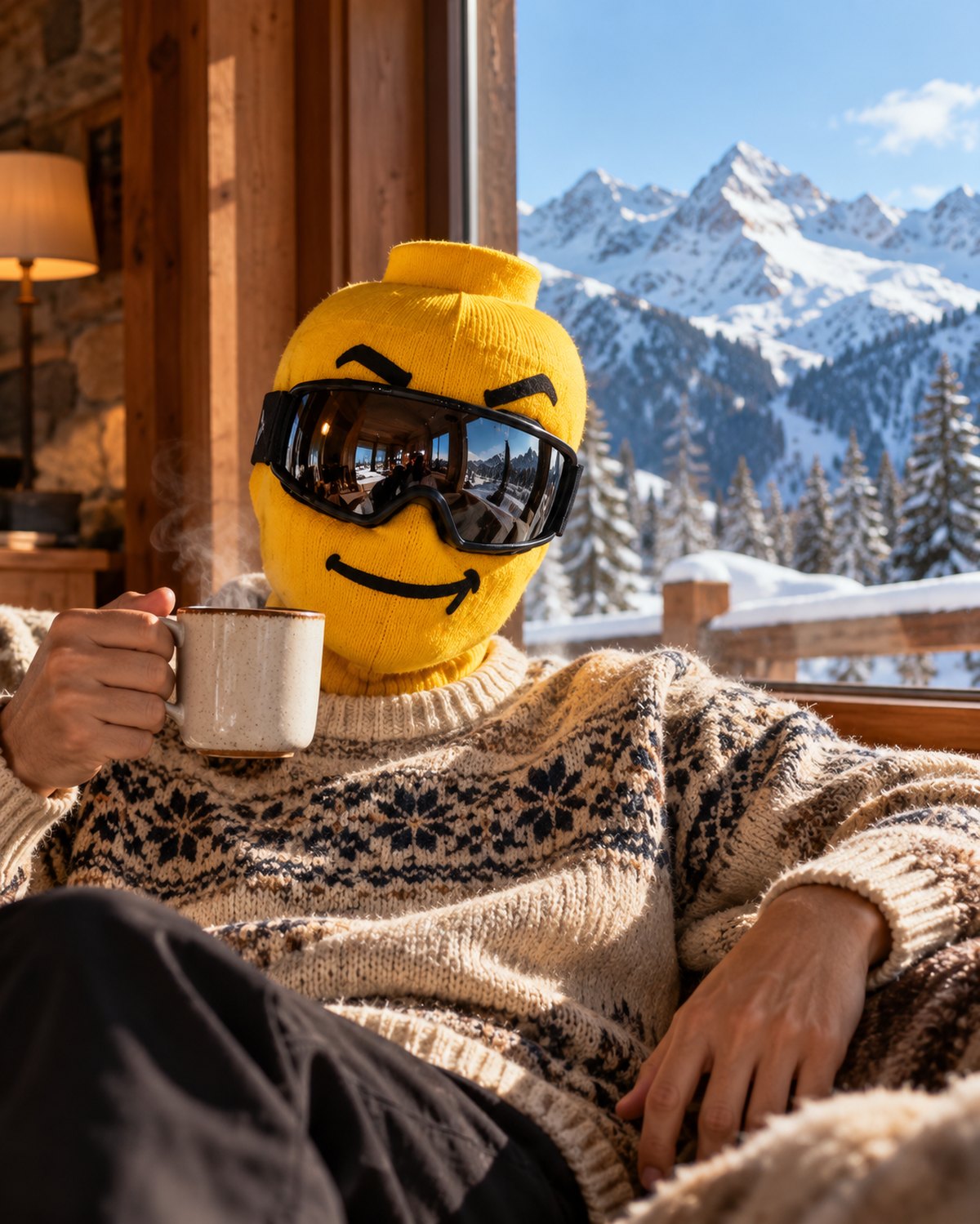 Relaxing in a mountain lodge with coffee in the Blockhead Smirk face