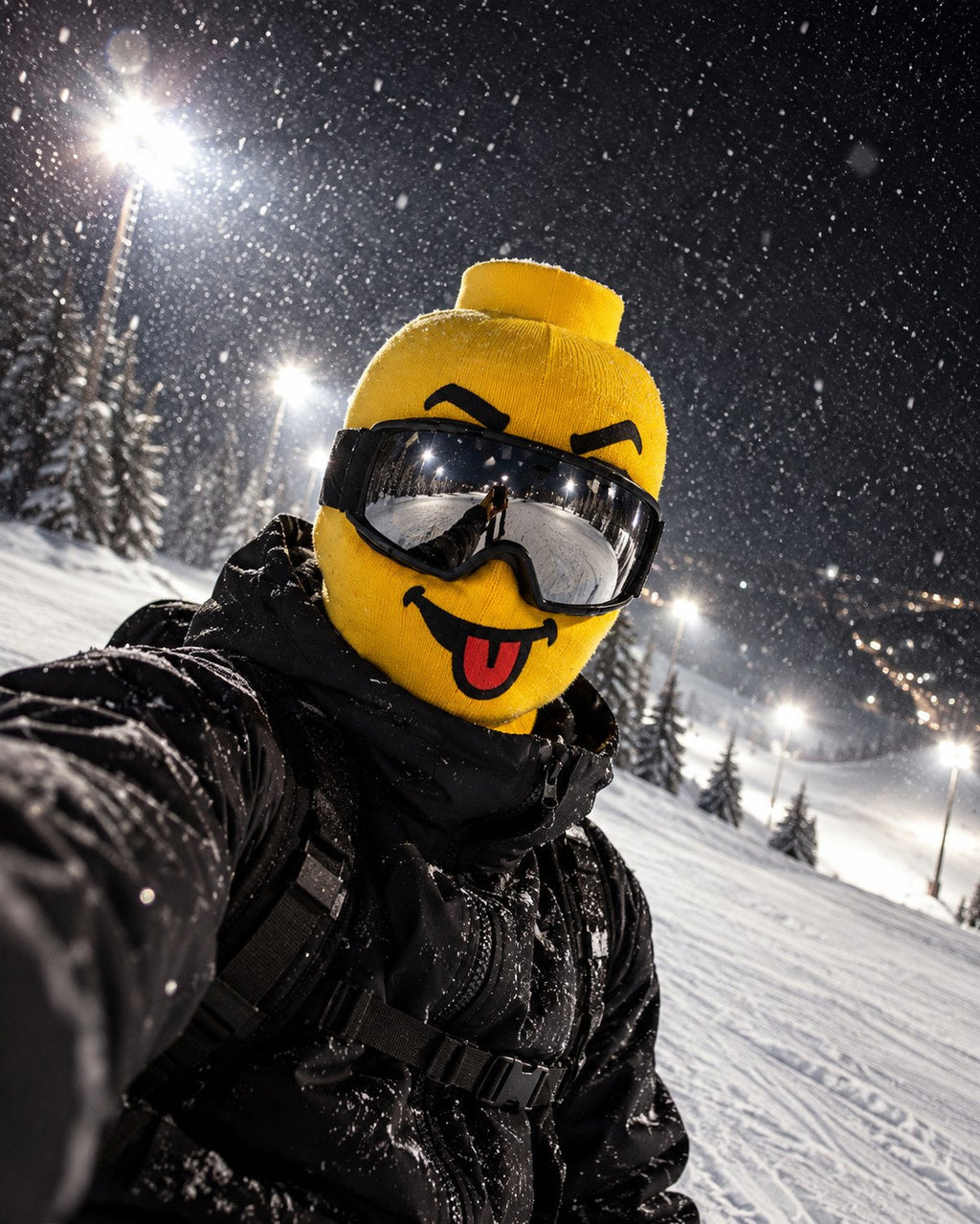 Night skiing selfie under floodlights in the Blockhead Tongue Out face
