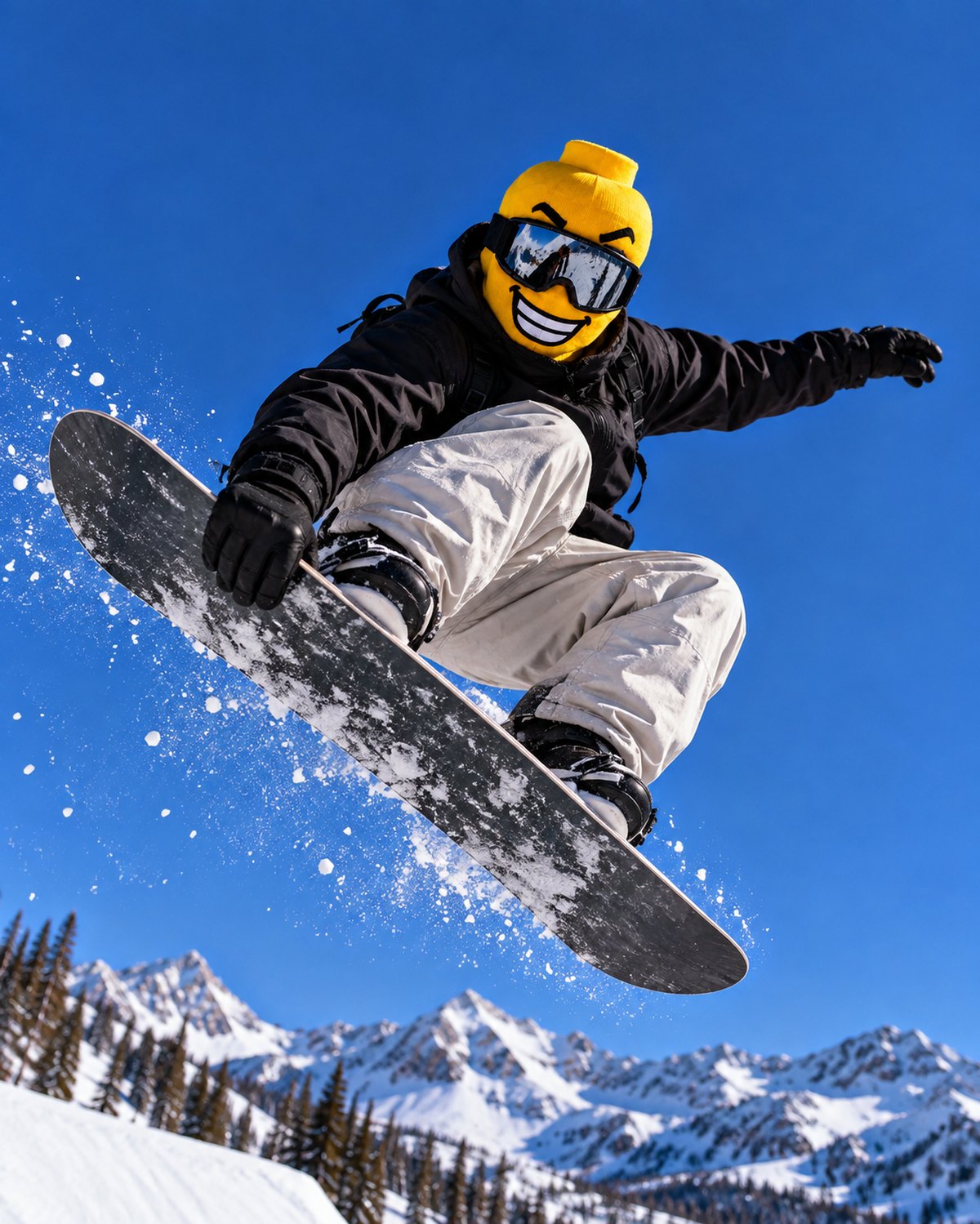 Snowboarder mid-air off a park jump in the Blockhead Big Grin face