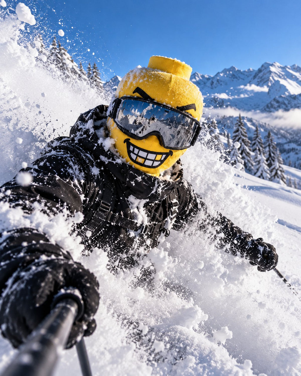 Skier in deep powder wearing the Blockhead Chomp face