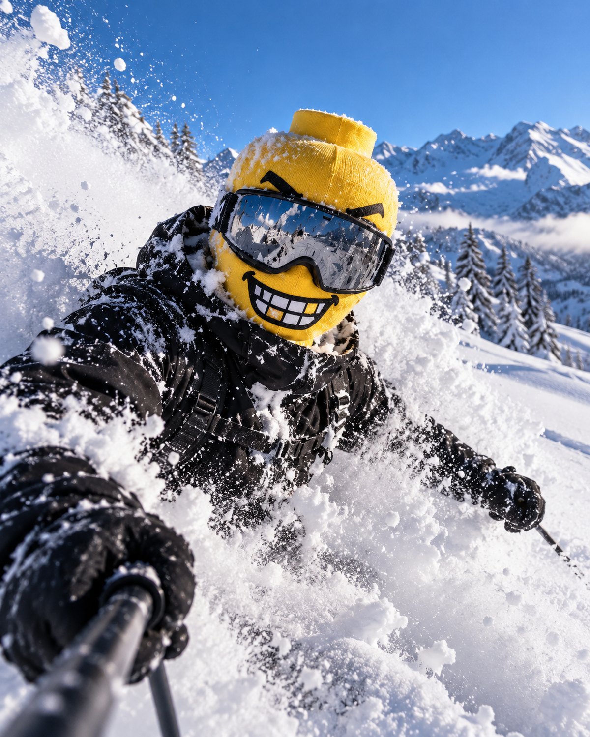 Skier in deep powder wearing the Blockhead Chomp face