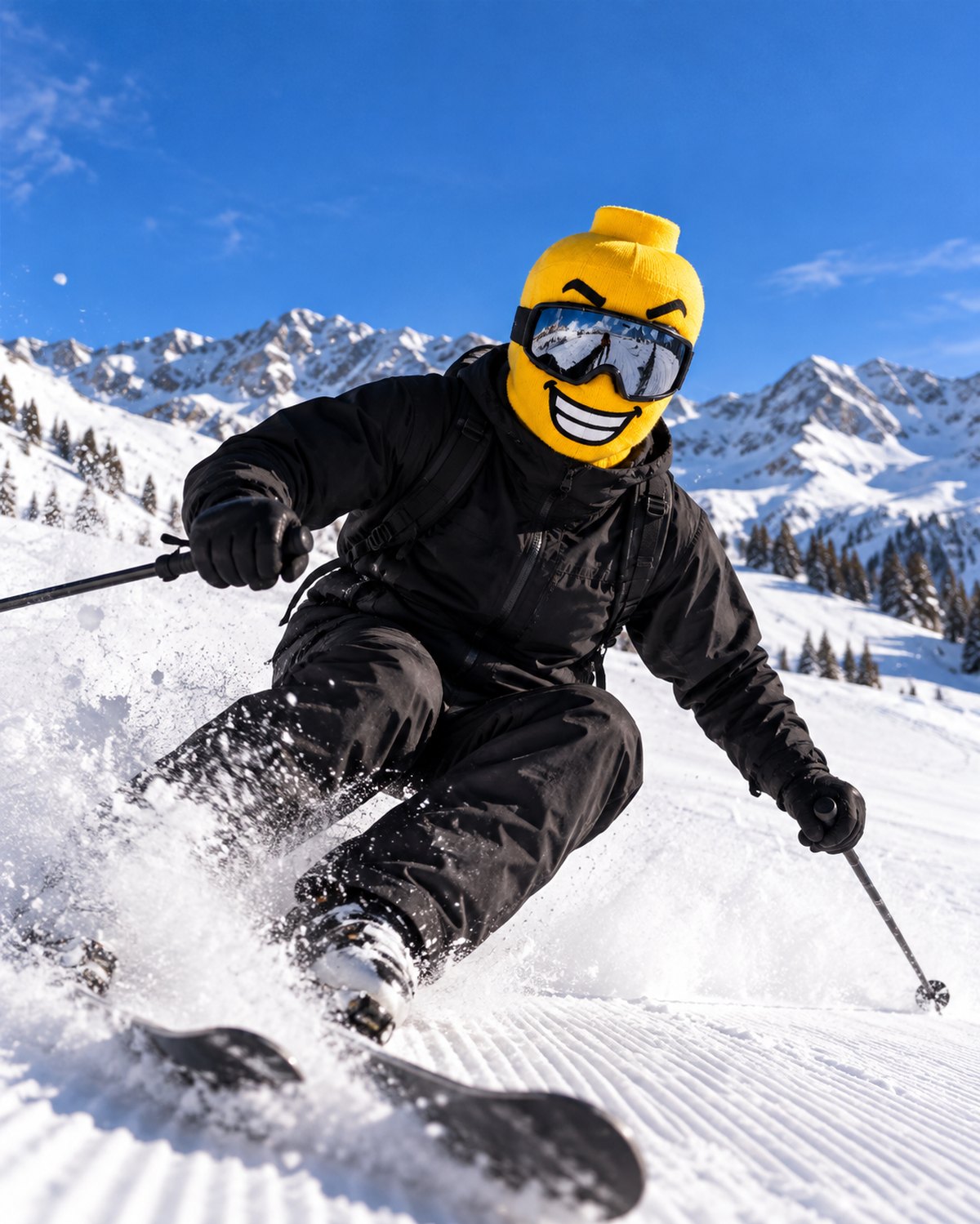 Skier carving down the slope in the Blockhead Big Grin face