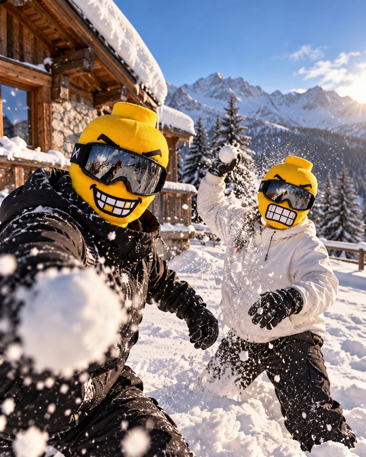 Two friends in Blockhead masks having a snowball fight by a cabin