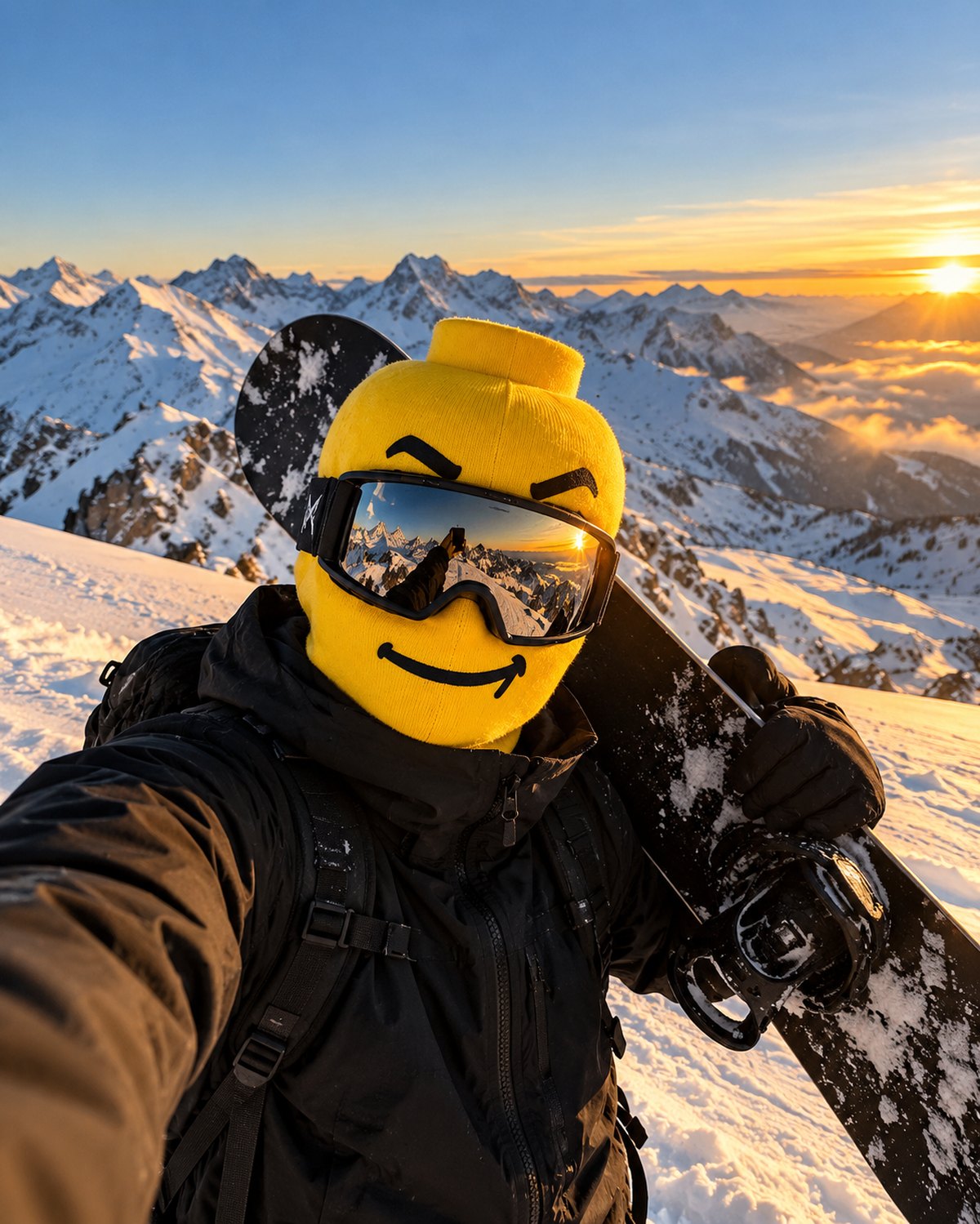 Snowboarder selfie at sunset wearing the Blockhead Smirk face with goggles