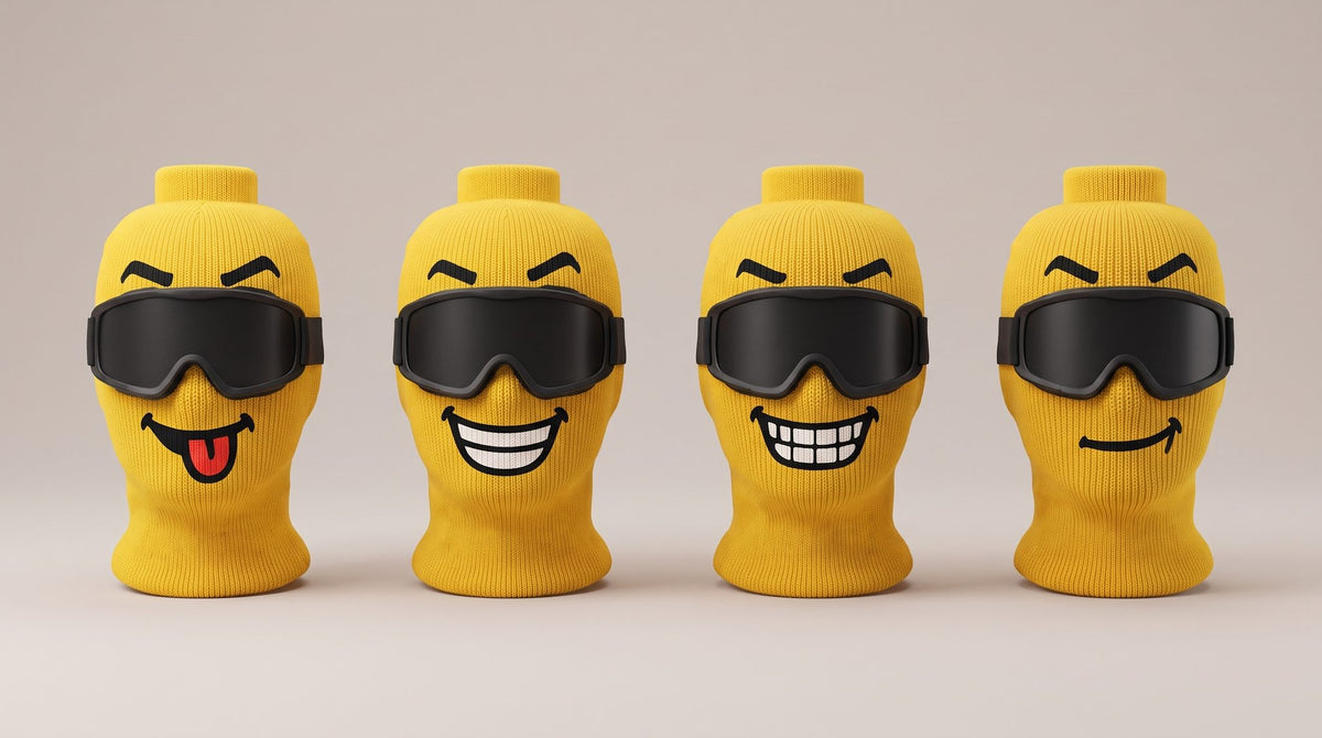 Alle vier Blockhead-Gesichter nebeneinander: Tongue Out, Big Grin, Chomp, Smirk