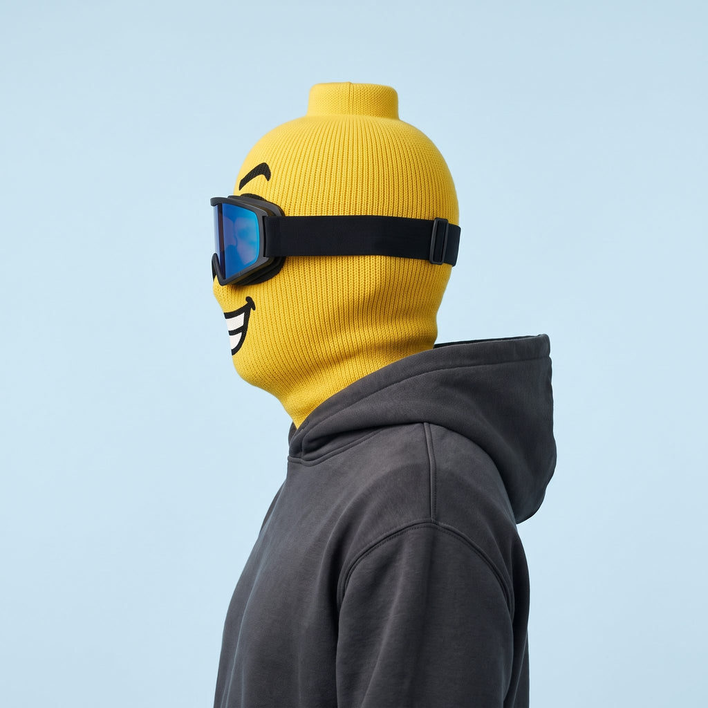 Blockhead Big Grin ski mask worn with goggles, side profile