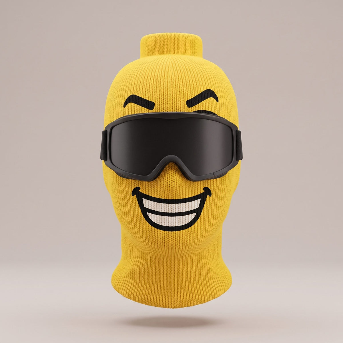 Blockhead yellow knit ski mask, Big Grin face, front view (goggles not included)