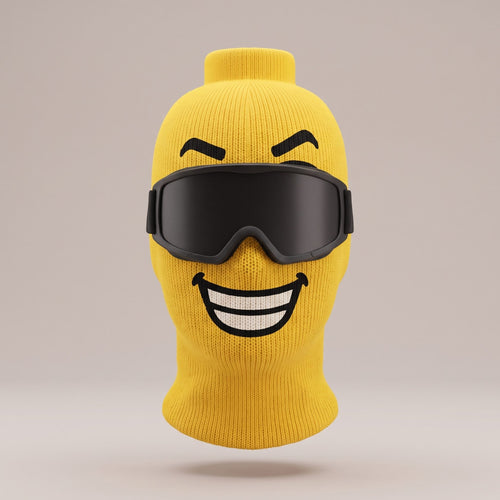 Blockhead yellow knit ski mask, Big Grin face, front view (goggles not included)