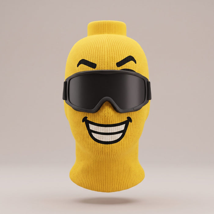 Blockhead yellow knit ski mask, Big Grin face, front view (goggles not included)
