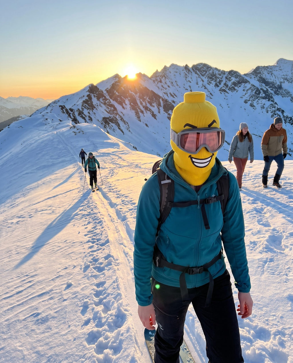 Ski touring at sunrise in the Blockhead Big Grin ski mask