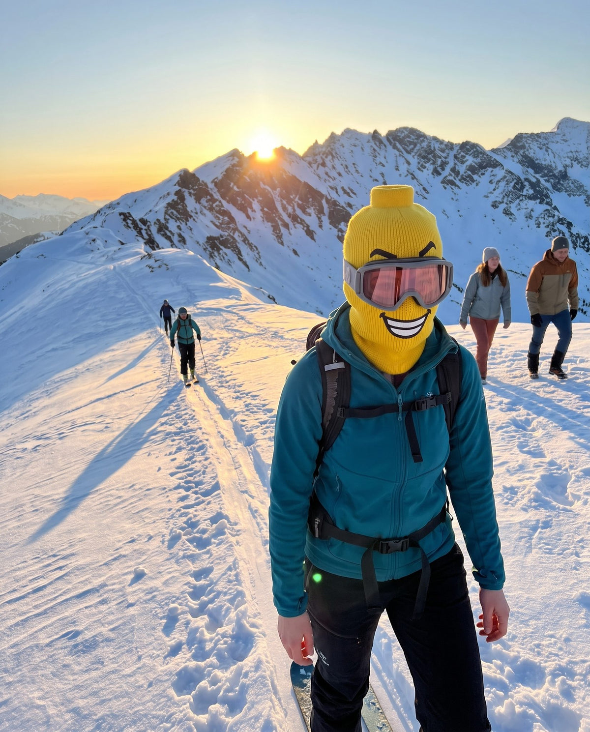 Ski touring at sunrise in the Blockhead Big Grin ski mask