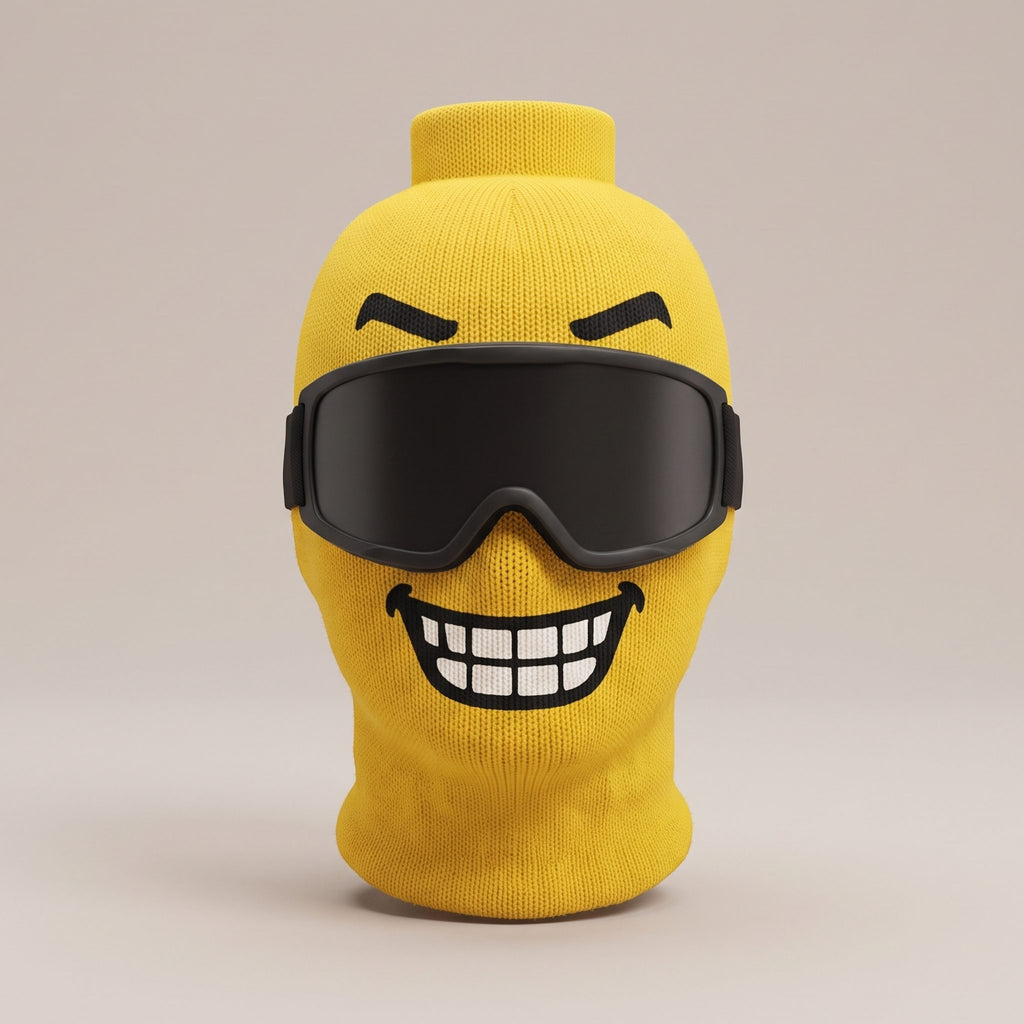 Blockhead yellow knit ski mask, Chomp face, front view (goggles not included)