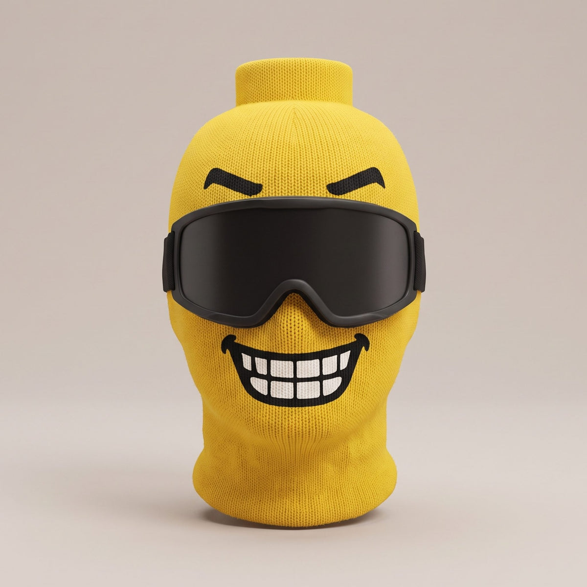 Blockhead yellow knit ski mask, Chomp face, front view (goggles not included)