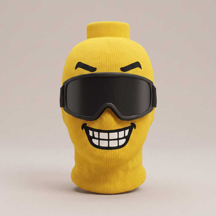 Blockhead yellow knit ski mask, Chomp face, front view (goggles not included)