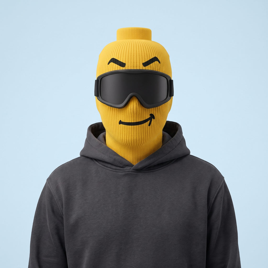 Blockhead Smirk ski mask worn with goggles, front view