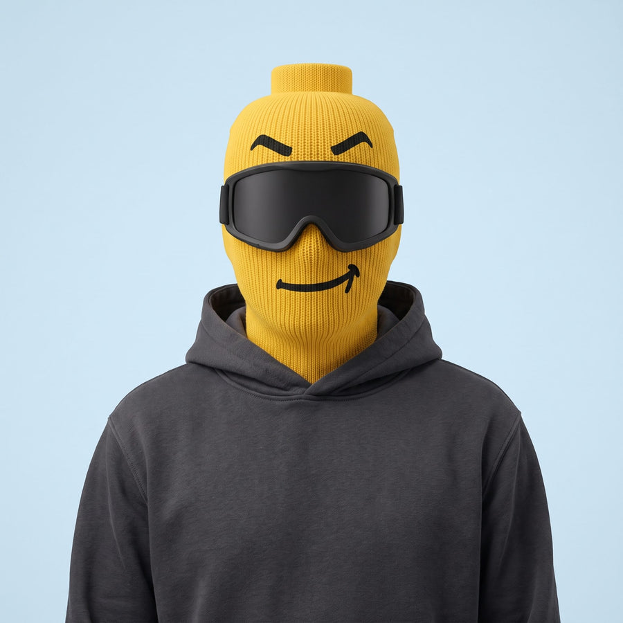 Blockhead Smirk ski mask worn with goggles, front view