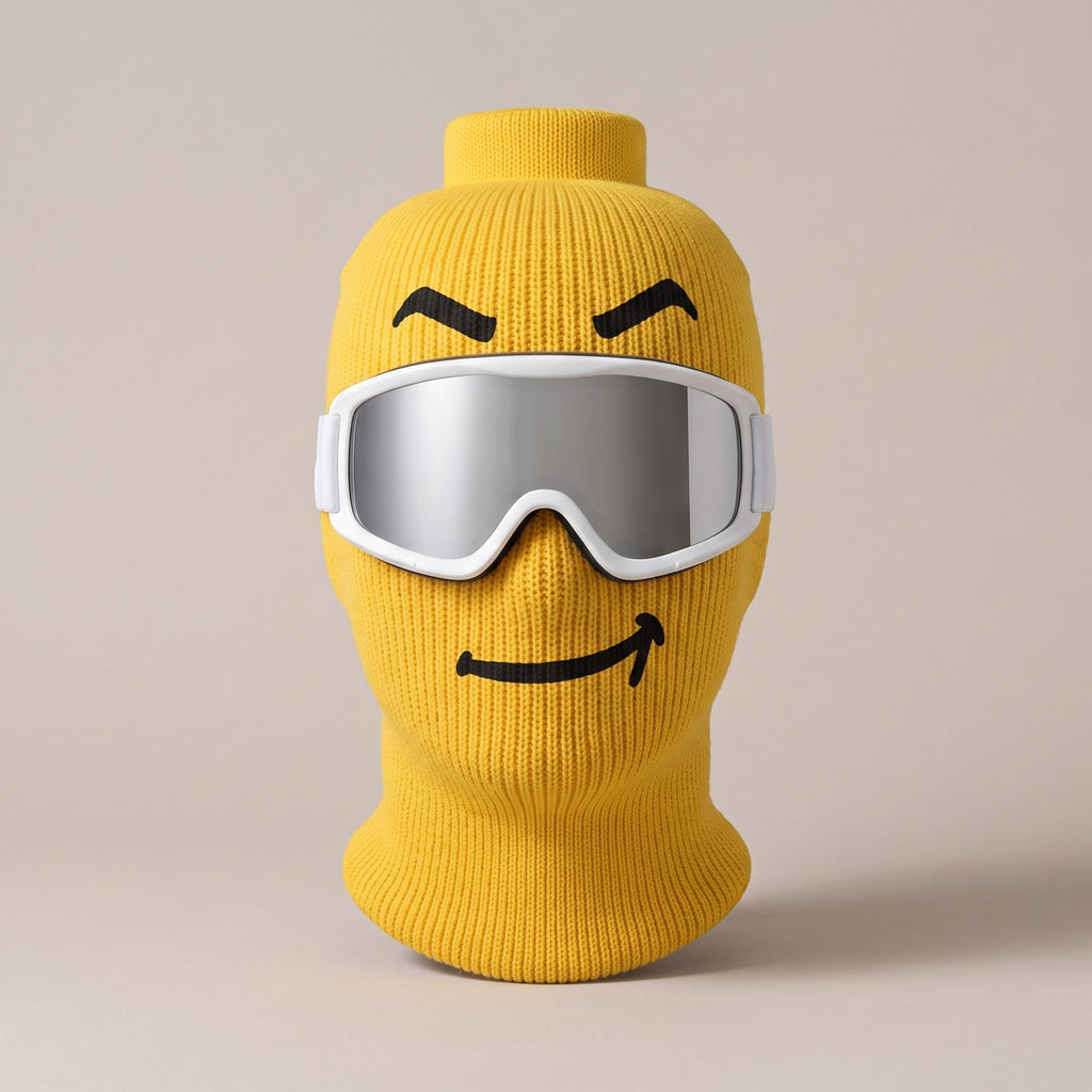Blockhead yellow knit ski mask, Smirk face, front view (goggles not included)
