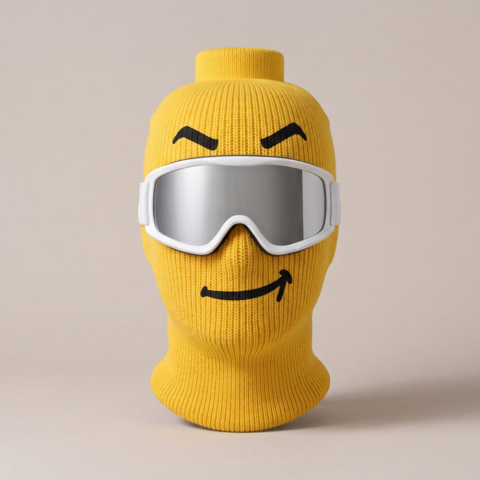 Blockhead yellow knit ski mask, Smirk face, front view (goggles not included)