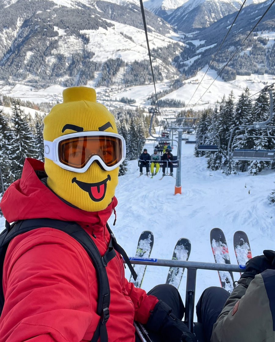 Chairlift selfie in the Blockhead Tongue Out ski mask