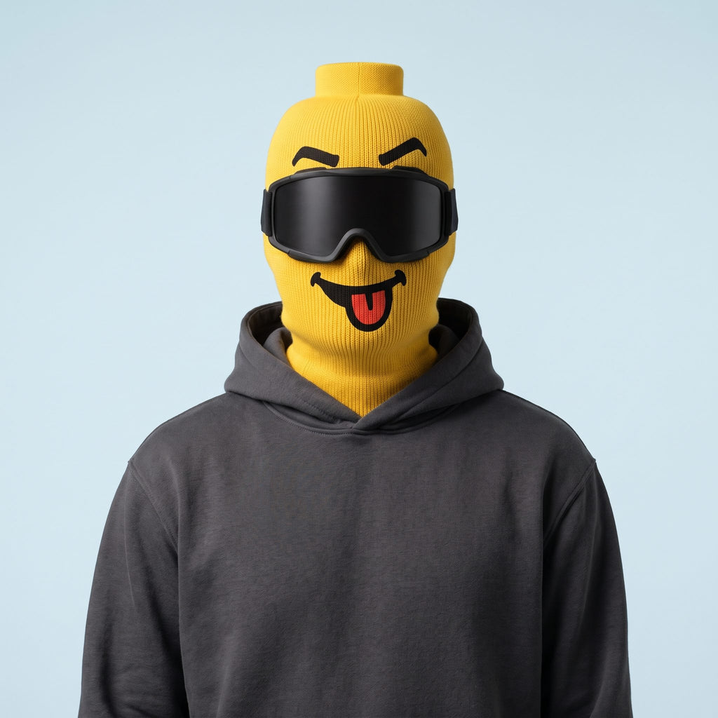 Blockhead Tongue Out ski mask worn with goggles, front view