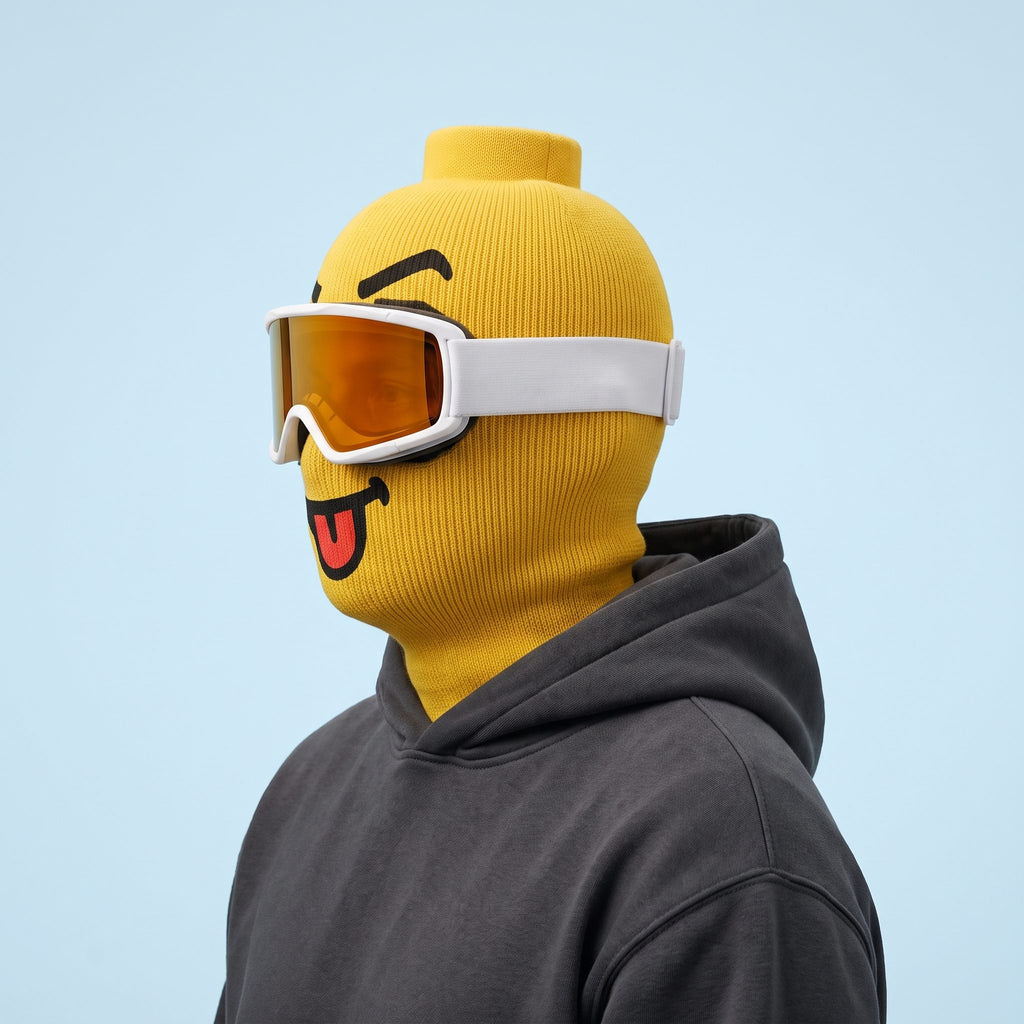 Blockhead Tongue Out ski mask worn with goggles, side view