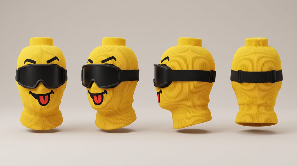 Blockhead Tongue Out ski mask from four angles: front, side, back, three-quarter