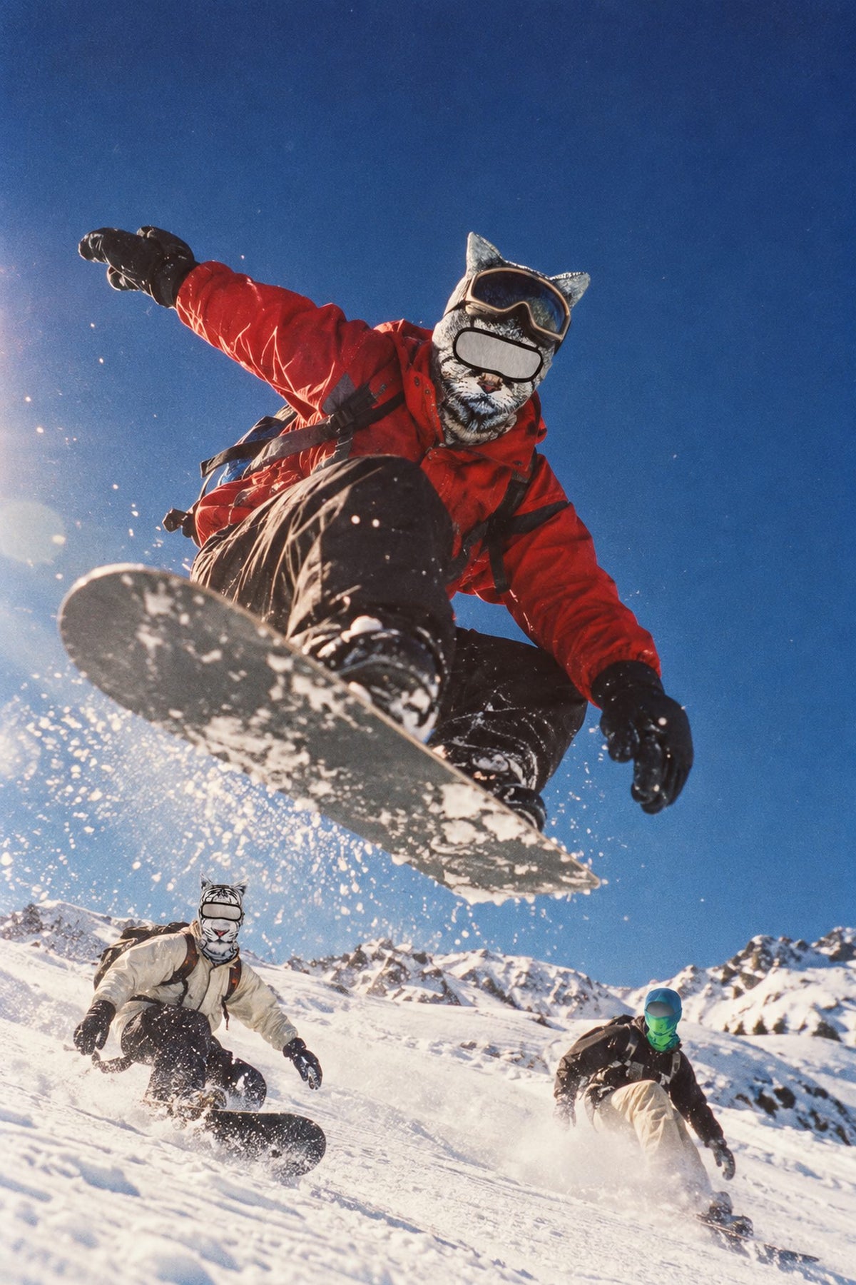 Snowboarder mid-air wearing a grey cat face balaclava